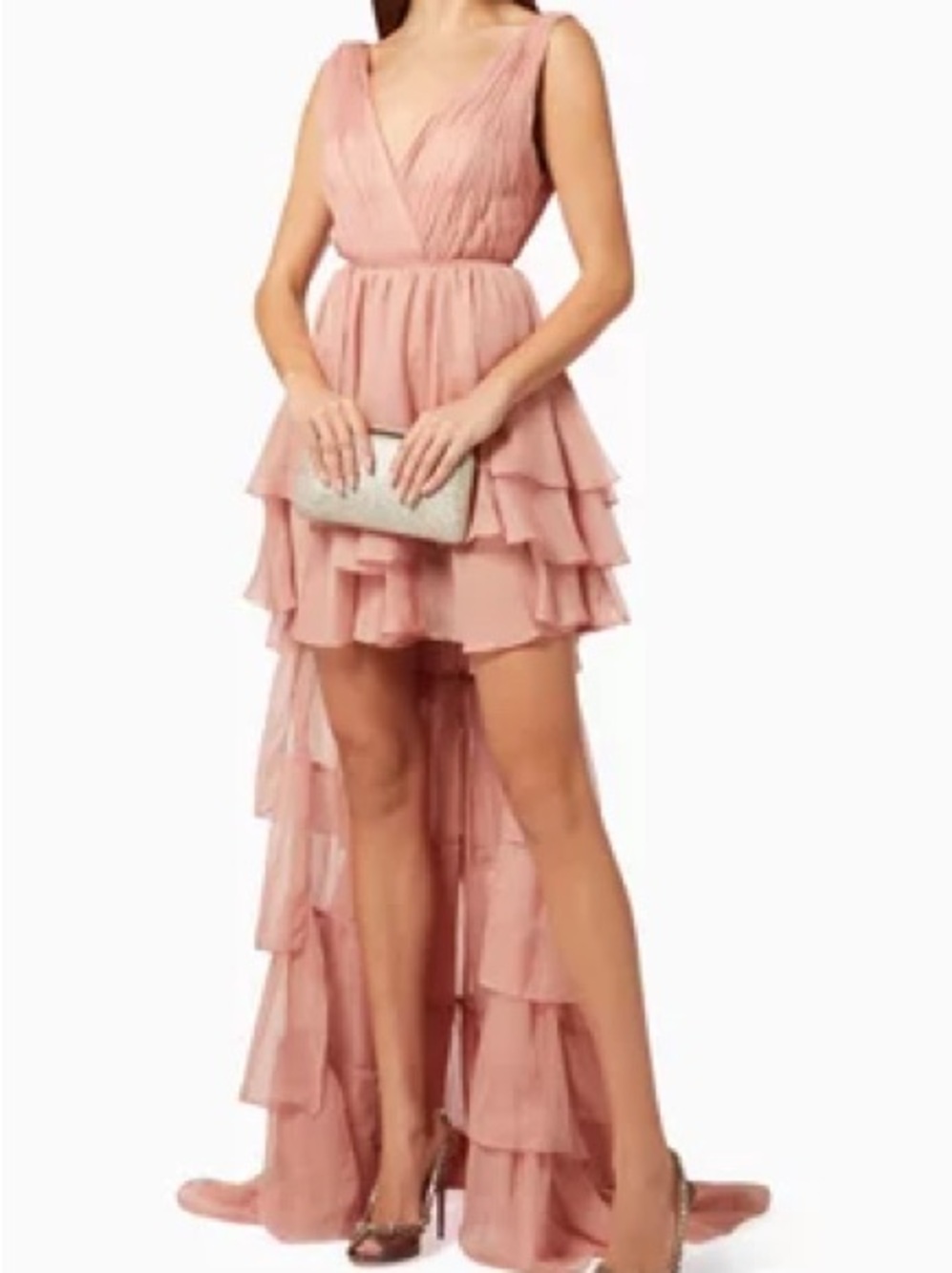 Dusty Pink Ruffled High-Low V-Neck Dress